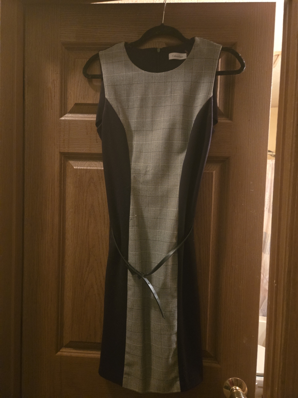 Calvin Klein Sleeveless Black and Gray Plaid Sheath Dress
